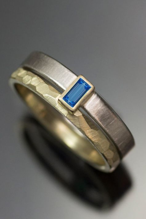 Blue sapphire baguette gender neutral engagement ring wedding band set by LOLiDE Gold Engagement Ring Silver Wedding Band, Unique Mens Engagement Rings, Masc Lesbian Engagement Rings, Masc Ring, Masc Engagement Ring, Male Engagement Ring Men, Gender Neutral Engagement Rings, Men’s Engagement Ring, Unique Stone Rings