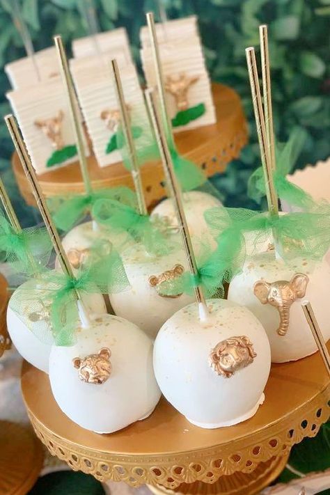 Safari Candy Apples, Safari Candy Bar, Gold Safari Baby Shower, Safari Party Ideas, Safari Theme Baby Shower, Safari Baby Shower Decorations, Safari Cupcakes, Treats Table, Baby Shower Dessert