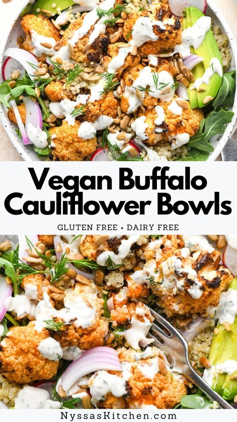 Vegan Buffalo Salad, Vegan Buffalo Recipes, Buffalo Cauliflower Meal, Buffalo Cauliflower Bowl, Cauliflower Bowls, Gluten Free Bowl, Vegan Buffalo Cauliflower, Vegan Ranch Dressing, Healthy Gluten Free Breakfast