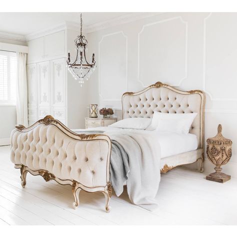 Essence Vintage Large Chandelier | Bedroom Chandelier White Hardwood Floors, Linen Upholstered Bed, French Furniture Bedroom, French Bed, Tiny Bedrooms, French Bedroom, Style Bed, Chandelier Bedroom, Traditional Bedroom