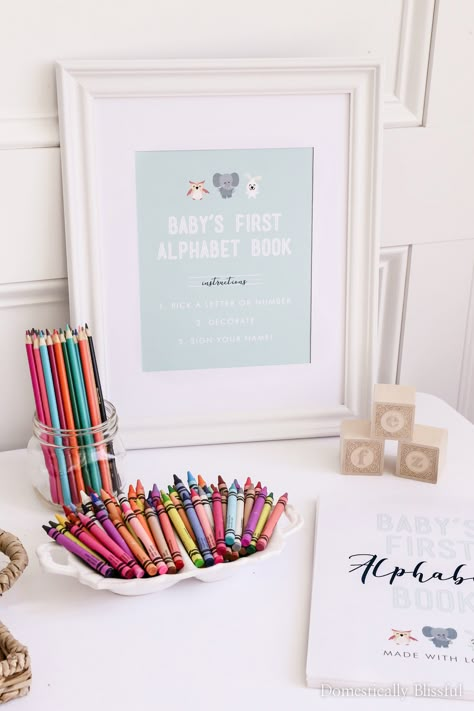 Baby Shower Kids Table Ideas, Kids Table Baby Shower, Kids Activities At Baby Showers, Table Baby Shower Games, Baby Shower Table Display, Cute Baby Shower Activities, Baby Shower Simple Games, Abc Baby Shower Book, Baby Guest Book Ideas