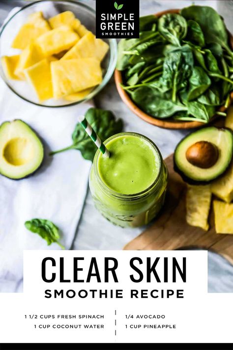 Acne Food Recipes, Clear Skin Diet Recipes, Green Smoothie For Clear Skin, Anti Acne Smoothie, Acne Clearing Smoothie, Healthy Skin Meals, Skin Clearing Smoothies, Acne Smoothie Clear Skin, Healthy Skin Recipes