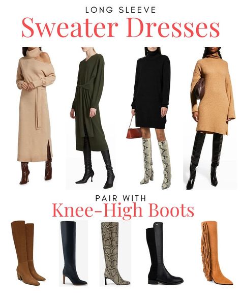 Satin Skirt And Sweater Outfit, Satin Skirt And Sweater, Dresses With Boots Winter, Long Boots With Dress, Black Dress Brown Boots, Knee Length Boots Outfit, Long Boots Outfit Winter, Skirt And Sweater Outfit, Black Knee High Boots Outfit