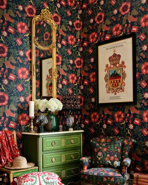 Maximalism Decor, Folk Pattern, Bird Stand, Bold Wallpaper, Bedroom Color, Mind The Gap, Bird Wallpaper, Botanical Wallpaper, Brown Wallpaper