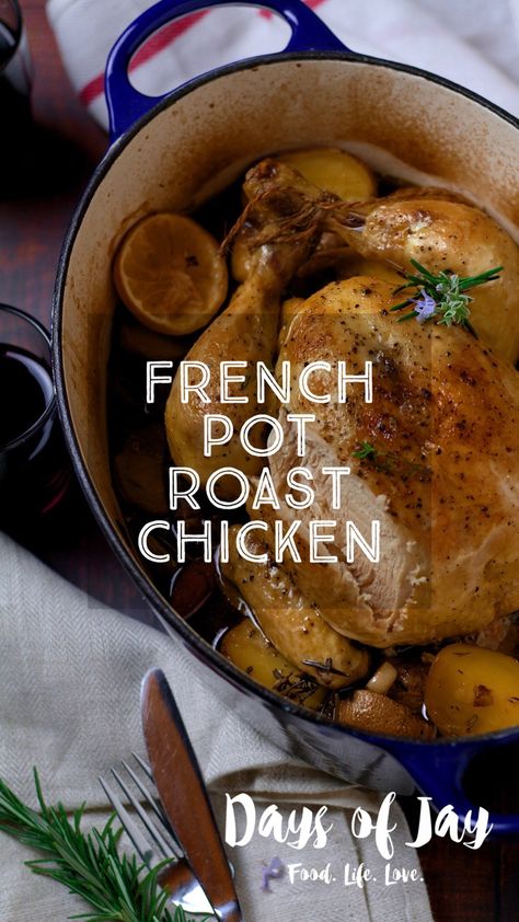 A heart-warming classic, French Pot Roast Chicken or ‘Poulet au Pot’ is a terrific recipe for beautifully juicy, tender chicken with flavoursome root vegetables and a rich gravy. Best of all, it's all cooked in one pot so less washing up! French Pot Roast, Slow Roast Chicken, Pot Roast Chicken, French Chicken Recipes, Le Crueset, Roast Chicken And Gravy, Cheddar Cornbread, Easy Roast Chicken, Whole Chicken Recipes