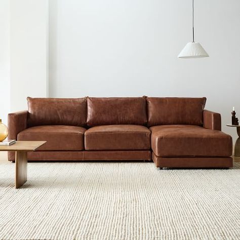 Leather Sofa With Ottoman, Black Leather Sectional Living Room, Dark Leather Couch Living Room, Cognac Leather Sectional, Leather Sofa Living Room Ideas, Sectionals For Small Spaces, Brown Leather Sectional, Leather Sectional Living Room, Brown Sectional Sofa