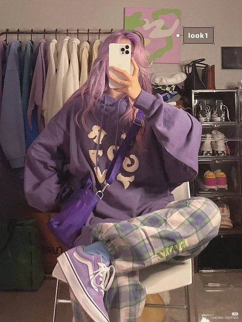 fashion outfits 2022 / tetlassova Emo Tomboy, Fashion Outfits 2022, Tomboy Clothes, Purple Outfits, Tomboy Outfits, Tomboy Style Outfits, Korean Girl Fashion, Outfits 2022, Tomboy Fashion