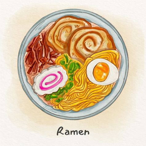 Food Reference Drawing, Japan Food Drawing, Ramen Character, Chinese Food Drawing, Food Illustration Art Graphics, Manga Eating, Japanese Food Drawing, Noodles Drawing, Japan Watercolor