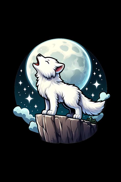 Cute White Wolf Howling On The Moon At The Top Of A Cliff T-Shirt Kawaii Wolf Drawing, Wolf Cute Drawing, Cute Wolf Wallpaper, Cute Wolf Art, Chibi Wolf, Kawaii Wolf, Wolf Cute, Wolf Cartoon, Cute Wolf Drawings