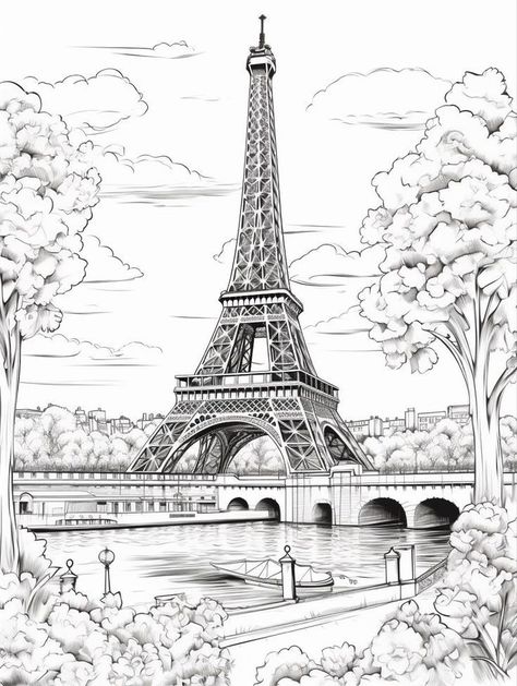 Eiffel Tower Drawing Sketches, Paris Sketch Pencil, Paris Drawing Sketches, Eiffel Tower Sketch, Painting Eiffel Tower, Paris Sketch, Coloring Aesthetic, Tower Drawing, Eiffel Tower Drawing