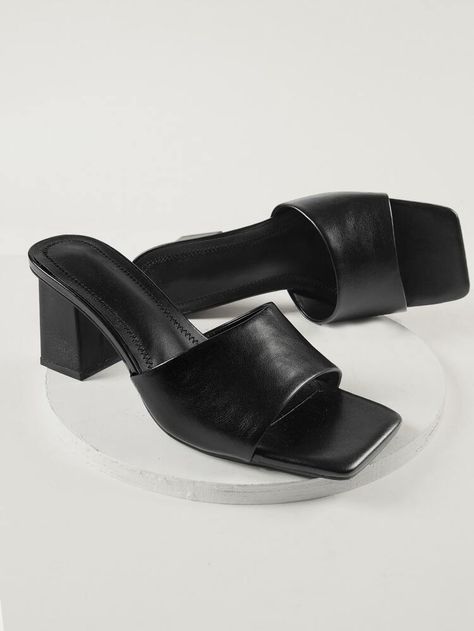 Open Square Toe Chunky Heel Mules | SHEIN USA Block Heel Mules, Wardrobe Refresh, Heeled Mule, Black Mules, Heeled Mules Sandals, Heels Online, Heel Mules, Square Toe Heels, Leather Cuts