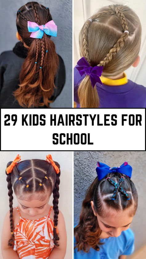 A collage showcasing 29 different kids hairstyles for school, including cute braids, playful ponytails, and creative updos Kindergartener Hairstyles, School Hair Ideas Easy, Easy Girl Hair Styles, Fun Hair Styles Easy, Elastic Hairstyles For Kids, Hair Styles For 10 Year Girl, Half Up Half Down Kids Hair, Crazy Hair Styles For Kids, Girls Ponytail Hairstyles Kids