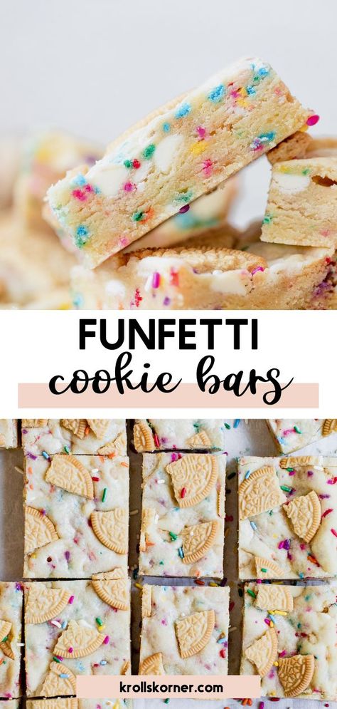 funfetti cookie bars made with rainbow sprinkles and Golden Oreos Confetti Desserts, Funfetti Cookie Bars, Funfetti Oreo Bars, Funfetti Oreo Cookies, Funfetti Blondies, Chocolate Funfetti Cookies, Funfetti Bars, Funfetti Cookie Sandwiches, Funfetti Oreo