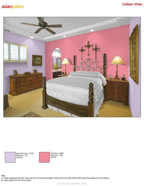 For master bed room customer like pink and purple combination so i gave this color combination gives rich and classic look to the wall and entire room  Dark wall:8087-Wild Pink Lighter Wall: 7162-Quartz Illusion Wall Paint Colour Combination, Featured Wall, Exterior Paint Color Combinations, Exterior Color Combinations, Modern Classic Living Room, Room For Kids, Color Combinations Home, Room Color Combination, Wall Color Combination