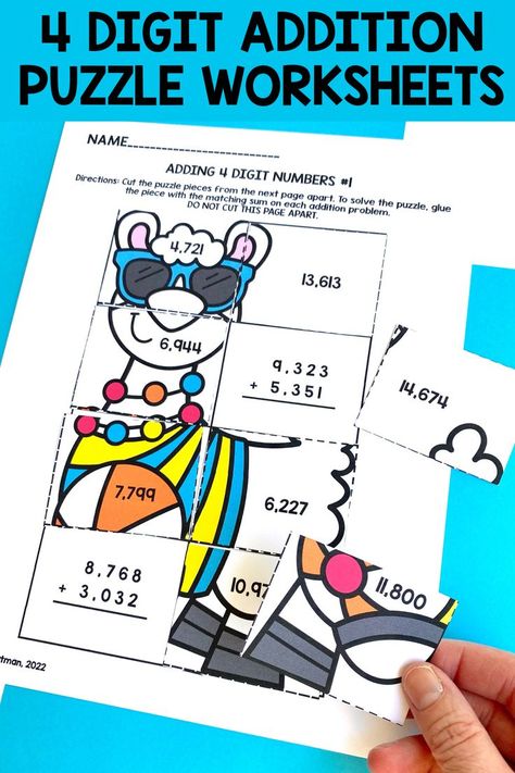 Practice four digit addition with these engaging puzzle addition worksheets. Students will love the fun llama vacation theme in this addition activity. Perfect for your third grade addition or fourth grade addition unit! 10 addition puzzles are included in both color and black and white. Click on the pin to get it! Addition Activity, Addition Activities, Subtraction Activities, Addition Worksheets, Printable Numbers, Maths Puzzles, Puzzle Solving, Fourth Grade, Addition And Subtraction