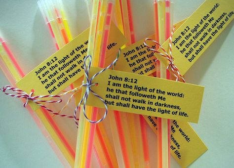 Glow sticks for Bible Club by papertreats, via Flickr John 8:12 Craft, Light Party Crafts For Kids, Let Your Light Shine Trunk Or Treat, I Am The Light Of The World Craft, Glow For Jesus Trunk Or Treat, Let Your Light Shine Craft For Kids, Light Party Ideas Church, Christian Halloween, Church Gifts