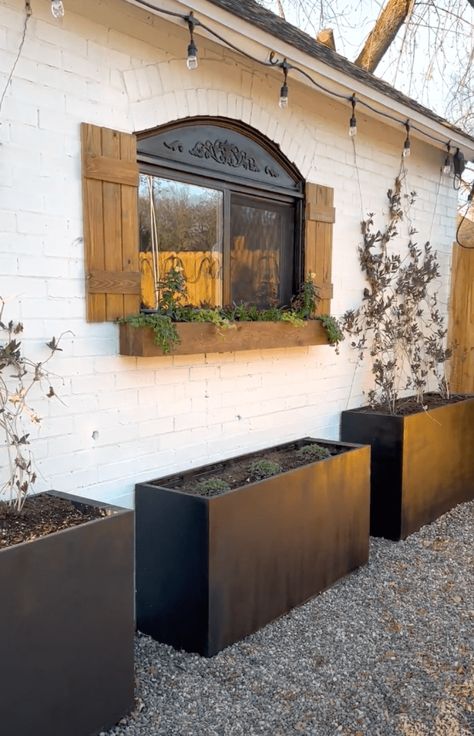 Long Planter Boxes, Front Yard Planters, Yard Planters, Backyard Planters, Brick Planter, Garden Planter Ideas, Long Planter, Rectangle Planters, Porch Flowers