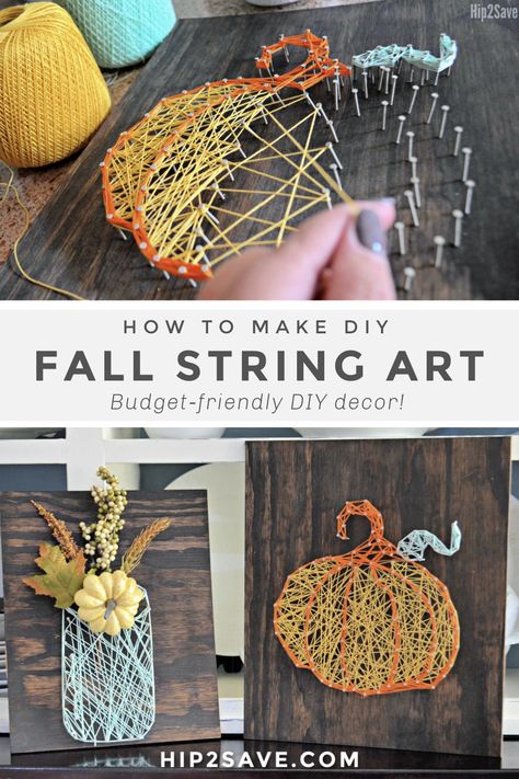 String art is such a fun and creative craft project to do with family and friends! It's pretty simple and straightforward, plus it requires just a few supplies you may already have on hand. Better yet, string art can be made for any holiday or occasion by simply printing out seasonal clip art patterns to use as your template. #diy #crafts #fall #autumn #stringart #homedecor #diydecor #budgetfriendly #pumpkin #fallcrafts Fall Girls Night Crafts, Halloween String Art, Fall String Art, Nail String Art Template, Nail String Art Boho, String Art Nails Size, Nail And String Art Mountains, Nail String Art, String Crafts