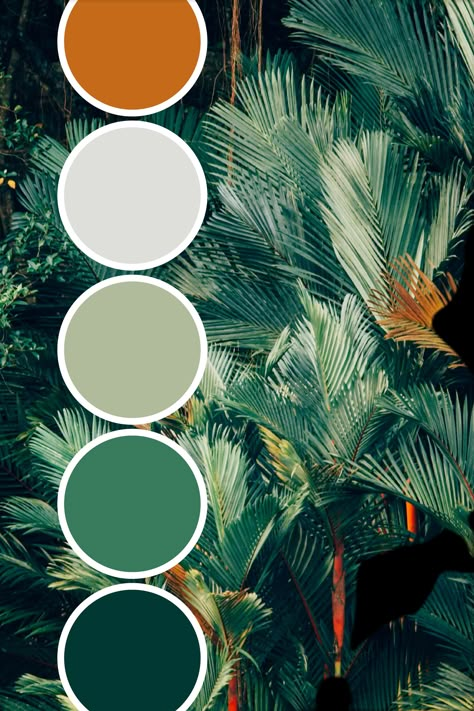 Forest Green Branding Palette, Tropical Interior Color Palette, Tropical Store Design, Tropical Colours Palette, Tropic Color Palette, Forest Colour Scheme, Forest Green Colour Scheme, Vintage Tropical Color Palette, Most Popular Color Palettes