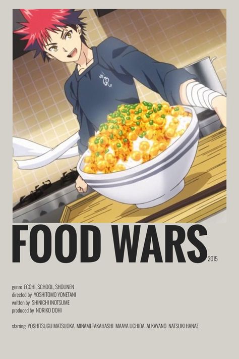 Food Anime Recommendations, Food Wars Poster, Anime Poster Wallpaper, Food Wars Anime, Minimalist Anime Poster, Anime Polaroid, Good Anime, Black Color Hairstyles, Anime Info