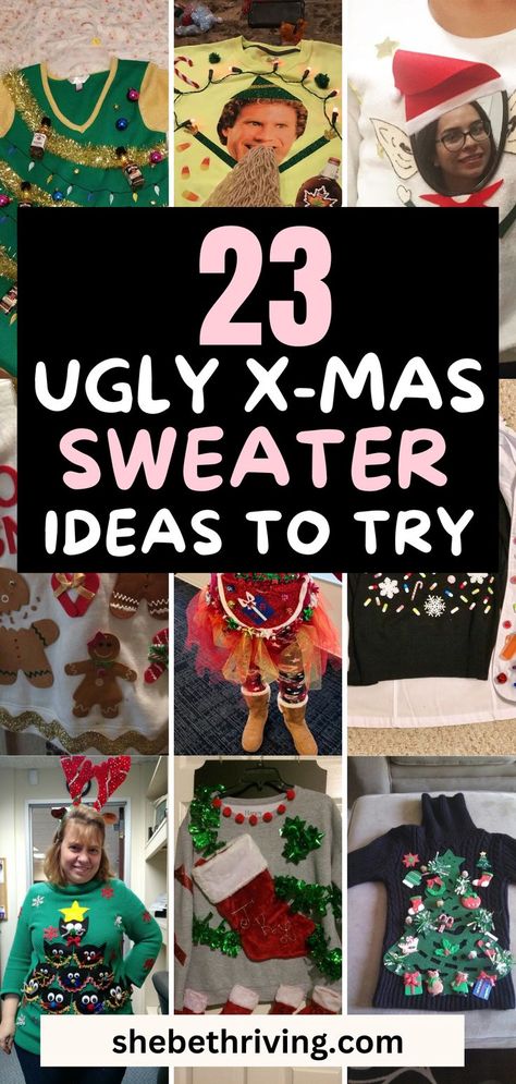 24 Best DIY Ugly Christmas Sweater Ideas You'll Love Christmas Tacky Outfit, Ugliest Sweater Contest, Homemade Christmas Shirts Easy Diy, His And Her Ugly Christmas Sweater, Ugly Christmas Sweaters Diy Grinch, Diy Christmas Sweater Ideas Funny, Funny Christmas Outfit Ideas, Diy Cute Ugly Christmas Sweater, Christmas Tree Shirt Ideas Diy