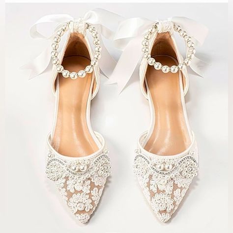 Women’s Pearl Ivory flat Wedding Shoes for Bride Lace Rhinestones Pointed Toe Bridal Flats Shoes Wedding, Flat Wedding Shoes For Bride, Lace Wedding Flats, Wedding Flats For Bride, Dress Shoes Flats, Comfy Wedding Shoes, Flat Wedding Shoes, Ivory Flats, Wedding Shoes For Bride