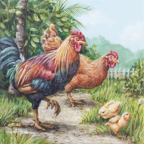 A painting of a rooster, hen and chicks by Bahamian artist Dyah Neilson Chick Painting, Hen And Chicks, Wildlife Paintings, Backyard Chickens, Hens And Chicks, Chickens Backyard, Hen, Rooster, Acrylic Painting