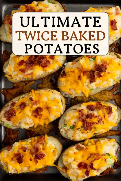 Easy recipe for cheesy, bacon-loaded twice-baked potatoes. Perfect comfort food for weeknights or parties! #twicbakedpotatoes #potatorecipes #easydinner #comfortfood Stuffed Potatoes Twice Baked, Potatoes Dishes, Easy Twice Baked Potatoes, Twice Baked Potatoes Recipe, Best Twice Baked Potatoes, Leftover Baked Potatoes, Potato Appetizers, Stuffed Baked Potatoes, Frugal Recipes