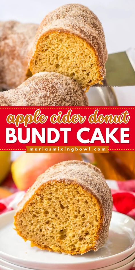 Add this apple cider donut bundt cake recipe to your list of simple Thanksgiving desserts! This easy dessert idea is good for beginners. The ingredients are easy to find. It is made with apple cider, cake mix, and cinnamon. Try this apple cider donut cake delish soon! Apple Cider Cake Mix Recipes, Thanksgiving Bundt Cake Recipes, Apple Cider Recipes Desserts Easy, Apple Cider Cake Recipe, Low Calorie Bundt Cake, Donut Bundt Cake, Apple Cider Donut Cake, Apple Cider Doughnut Bundt Cake, Apple Cider Donut Mini Bundt Cake