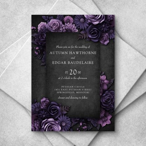 Black And Purple Themed Wedding, Purple And Black Wedding Invitations, Black And Deep Purple Wedding, Lavender And Black Wedding, Purple And Black Wedding Theme, Black Roses Wedding, Lobola Decor, Purple Wedding Card, Black And Purple Wedding