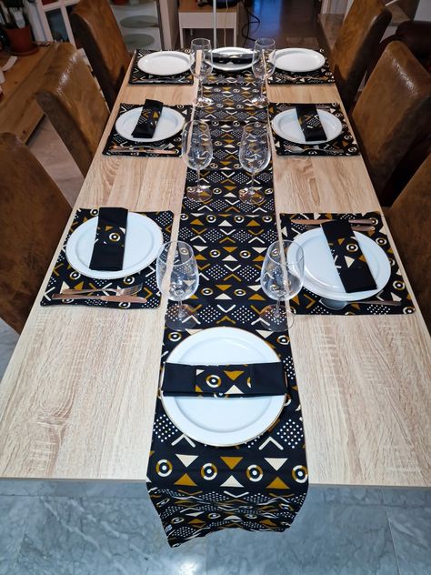 Handmade African print table runner, table napkins, and table placements - made from Original Traditional African Print Fabric. (Known as Ankara in West Africa) #ankaratablemats #africanprinttablepresentation #ankaraapron #sewingfortherapy #HandmadeWithLove#AfricanFabrics #culturaafricana#CulturalFashion#ArtisanalBags#PreservingTradition #EthicalFashion #UniqueStyle #GlobalFusion #SustainableFashion#EmpoweringArtisans#CommunityImpact#FromAfricaToBarcelona #BarcelonaDesigns Table Presentation, Table Placements, Printed Table Runner, African Home Decor, Handmade Table Runner, Runner Table, Sewing Aprons, Handmade African, African Print Fabric