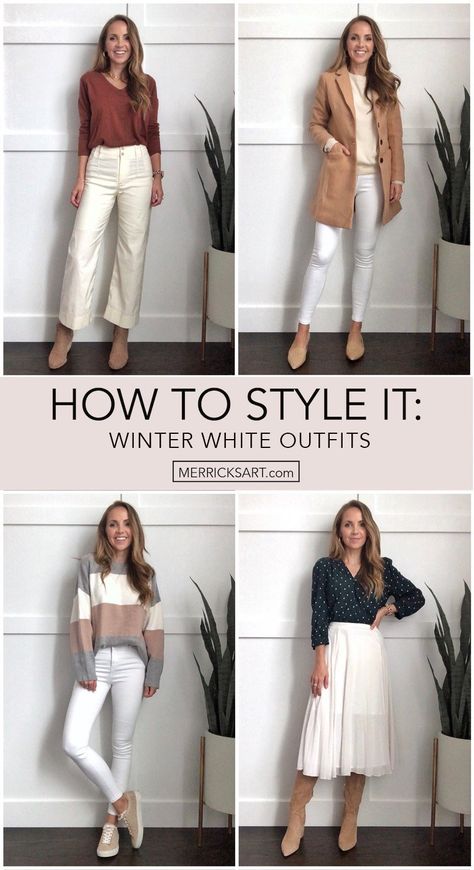 4 Ways To Wear It: Wearing White After Labor Day - Merrick's Art How To Style Off White Pants, Cute White Pants Outfit, Styling White Pants In Winter, White Pants Winter Outfit Casual, White Pants Winter Outfit Classy, Off White Leather Pants Outfit, White Winter Pants Outfit, White Leather Pants Outfit Winter, White Pants Shoes