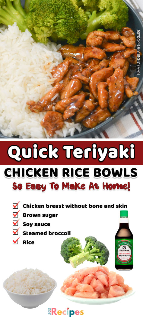 This simple and tasty 20-minute recipe of delicious rice plated with some broccoli and tender chicken full of garlicky goodness, made into these perfect Teriyaki Chicken Rice Bowls. With components you can easily find at home, put a twist on your dinner with an Asian touch. Rice Bowls Chicken, Quick Teriyaki Chicken, Teriyaki Chicken Rice, Rice Bowls Healthy, Teriyaki Chicken Rice Bowl, Teriyaki Rice, Teriyaki Chicken And Rice, Easy Teriyaki Chicken, Fried Rice Recipe Easy