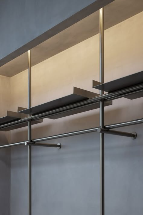 Magnlens LA — LASEU Metal Railing Design, Bright Ceiling, Dark Flooring, Westfield Century City, City Los Angeles, Fashion Showroom, Dark Floors, Showroom Interior Design, Steel Racks