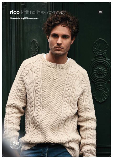 Cable Sweater in Rico Essentials Soft Merino Aran - 651 - Downloadable PDF Knitting Patterns For Men, Stock Patterns, Knit For Men, Mens Cable Knit Sweater, Winter Knitting Patterns, Cable Knit Sweater Pattern, Knitting For Men, Aran Sweaters, Aran Jumper