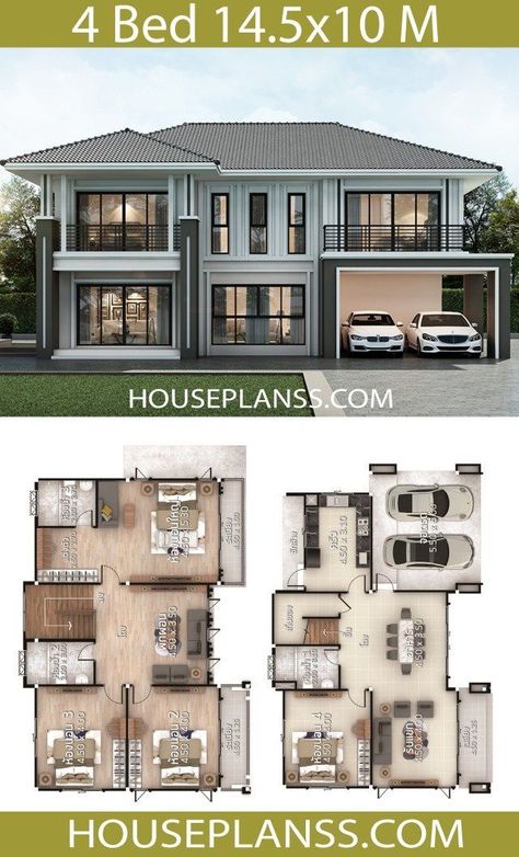 House Plans Design Idea 13.5x9.5 With 4 Bedrooms - House 5 Bedroom House Plans, 2 Storey House Design, Two Story House, House Plans One Story, 4 Bedroom House Plans, Container Architecture, House Plan Gallery, House Construction Plan, Model House