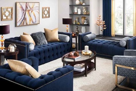 Colours That Go with Blue - What Are the Best Colours to Compliment Blue? Blue And Gold Living Room, Blue Couch Living, Blue Sofa Living, Blue Sofas Living Room, Blue Couch Living Room, Navy Sofa, Navy Living Rooms, Blue And White Living Room, White Living Room Decor