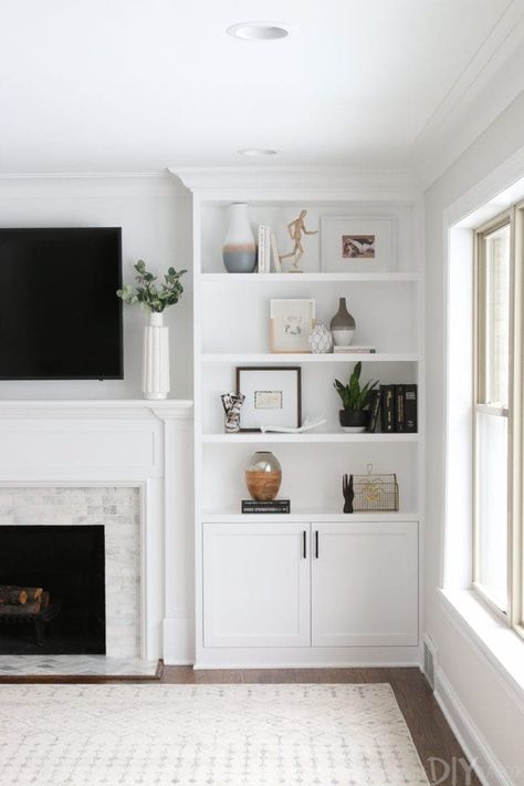 Bridget's Final Home Tour & Favorite Projects | The DIY Playbook Decorating Built In Shelves, Luxury Bookcase, White Built Ins, Built In Around Fireplace, Living Room Ideas Bohemian, Living Room Built Ins, Living Room Ideas Farmhouse, Organic Modern Decor Living Room, Fireplace Built Ins