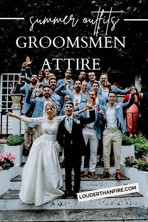 Bride and groom together with groomsmen having fun for the camera Groomsmen Attire Backyard Wedding, Large Groomsmen Party, Beach Wedding Groomsmen Black, Summer Groomsmen Attire, Summer Groomsmen, Groomsmen Sunglasses Photo, Groomsmen Gameday Pictures, Brunch Attire, Groomsmen Accessories