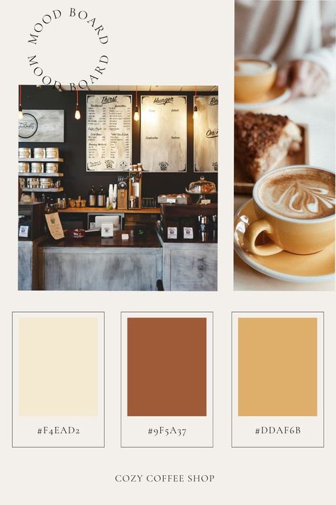 Coffee shop mood board and color palette Caffe Color Palette, Bakery Moodboard Color Palettes, Cafe Mood Board Interior Design, Mood Board Coffee Shop, Coffee Shop Mood Board, Cafe Mood Board, Coffee Shop Color Palette, Cafe Color Palette, Restaurant Color Palette