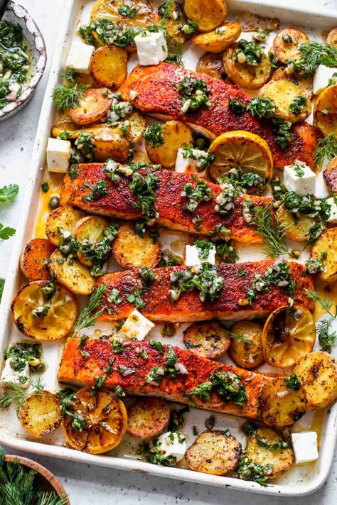 Caper Chimichurri, Salmon And Potatoes, Salmon With Potatoes, Salmon Recipes Baked, Healthy Salmon Dinner, Salmon Skillet, Spiced Salmon, Sheet Pan Salmon, Pan Salmon