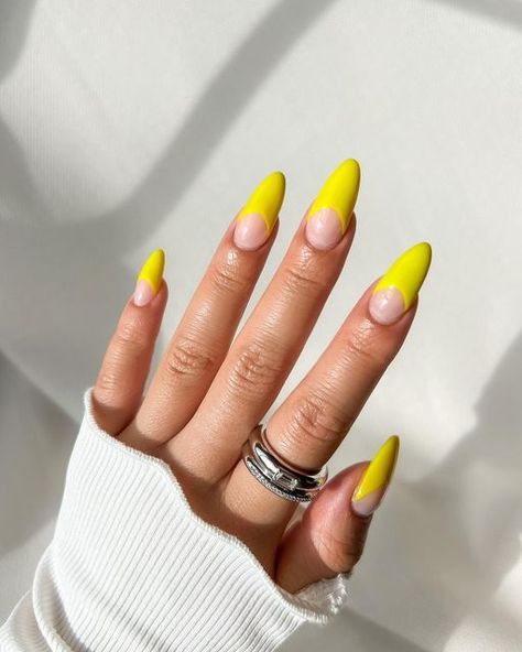 Half Moon French Nails, Half Moon Nail Art, Half Moon Manicure, Half Moon Nails, Moon Manicure, New Nail Trends, Moon Nails, Nail Trend, Lime Yellow