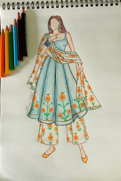 Checks Illustration Fashion, Anarkali Dress Drawing, Fashion Designer Drawings Sketches, Casual Wear Sketch, Kurta Illustration, Colour Pencil Art Sketches, Sketches Of Dresses, Frock Drawing, Dress Illustration Art