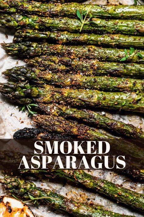 This Traeger Asparagus recipe is foolproof & yields tender-crisp, delightfully smoky asparagus every time. Works for the grill or smoker too! Asparagus On The Smoker, Grilled Asparagus On The Grill, Smoked Asparagus In Smoker, Traeger Asparagus, Asperigus Recipes, Asparagus Recipes Grilled, Smoked Asparagus, Smoked Sides, Best Asparagus Recipe