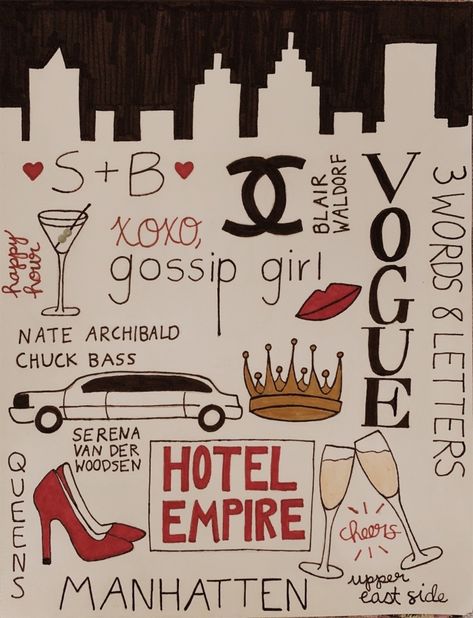 Cute Diy Posters, Girly Things To Draw, Gossip Girl Drawing, Gossip Girl Tattoo, Gossip Girl Art, Gossip Girl Party, Gossip Girl Aesthetic, Girl Drawing Easy, Nate Archibald