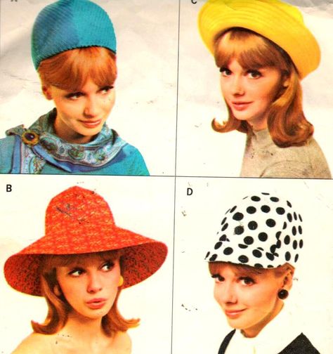 McCalls 8254, Vintage 60s Ladies Hat pattern includes MOD Jockey Cap, Beanie, and Wide Brim Hats, 4 styles all UNCUT, copyright 1966. https://www.etsy.com/listing/257970099/mccalls-8254-vintage-60s-ladies-hat?ref=shop_home_active_1 60s Hats Women, 60s Accessories, 60s Photos, 1960s Fashion Women, Late 60s Fashion, 1960s Hats, Modern Hat, Little Shop Of Horrors, Knit Cap