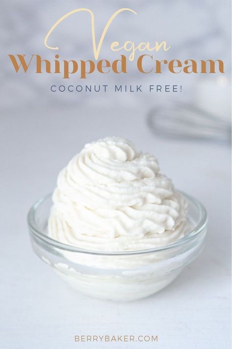 This (coconut milk free) vegan whipped cream or Chantilly is a great, light tasting, and airy cream that you can you to garnish a bunch of vegan desserts! Vegan Whipped Cream No Coconut, Vegan Whipped Cream Frosting, Vegan Heavy Whipping Cream, Paleo Substitutes, Whipping Cream Recipe, Vegan Heavy Cream, Dairy Free Whipped Cream, Vegan Pastry, Whipped Coconut Cream