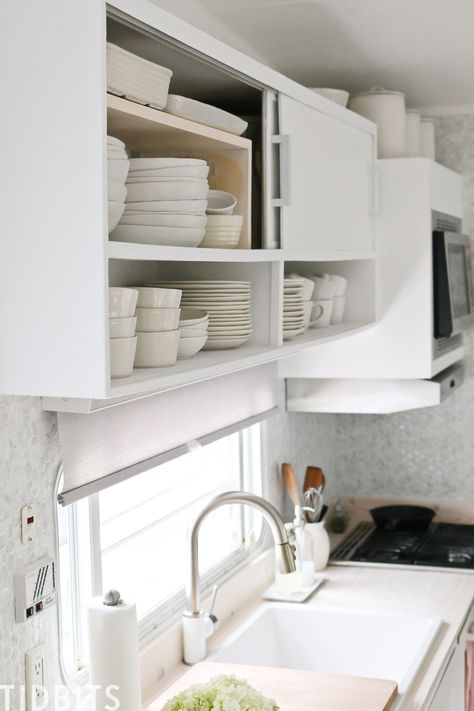 RV Renovation | Kitchen Details Rv Remodel Ideas, White Washed Pine, Bathroom Vent Fan, Free Building Plans, Renovation Kitchen, Rv Renovation, Sink Shelf, Cabinet Shelf, Kitchen Details