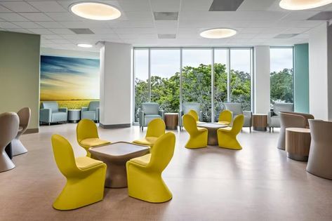 At the Sarasota Memorial Hospital’s Cornell Behavioral Health Pavilion, glass partitions around staff and social spaces allow light further into the building while also enhancing sightlines. Behavioral Health Design, Health Interior Design, Healthcare Snapshots, Architecture Drawing Plan, Psychiatric Hospital, Creative Office, Cove Lighting, Healthcare Design, Social Space