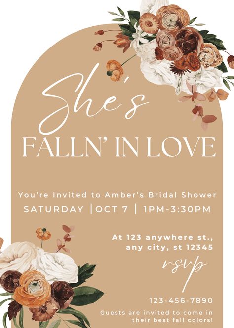 Ideas for a dreamy "She's FALLen in Love"  bridal shower. Decor, bridal shower food, themed activities, and free printables! Bridal Shower Theme Ideas Fall, Date Night Themed Bridal Shower Ideas, Falling For You Bridal Shower Theme, Bridal Shower Themes October, November Wedding Shower Ideas, September Bridal Shower Themes, Fall In Love Bridal Shower Ideas Decor, Falling In Love Bridal Shower Theme, November Bridal Shower Ideas